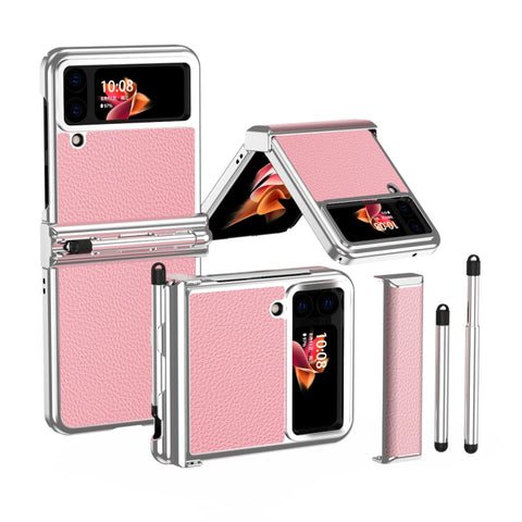 Litchi Texture Leather Hinged Electroplated Phone Case with Pen, For Samsung Galaxy Z Flip3 5G, For Samsung Galaxy Z Flip4