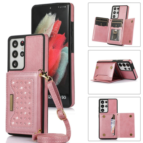 Three-fold RFID Leather Phone Case with Lanyard, For Samsung Galaxy Note20 Ultra, For Samsung Galaxy S20, For Samsung Galaxy S20+, For Samsung Galaxy S20 FE, For Samsung Galaxy S21, For Samsung Galaxy S22, For Samsung Galaxy S21 Ultra                  ...