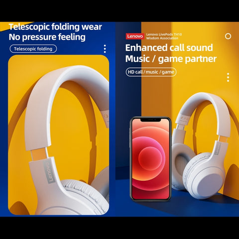 Lenovo TH10 Wireless Bluetooth Gaming Bass Music Sports Noise-cancelling Headphone, TH10 White, TH10 Black