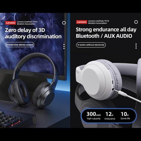 Lenovo TH10 Wireless Bluetooth Gaming Bass Music Sports Noise-cancelling Headphone, TH10 White, TH10 Black