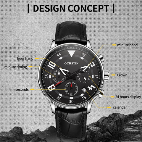 Multifunctional Quartz Men Leather Watch, Ochstin 6050B