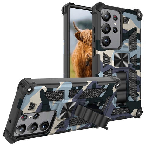 Camouflage Armor Kickstand TPU + PC Magnetic Phone Case, For Samsung Galaxy S23 Ultra 5G