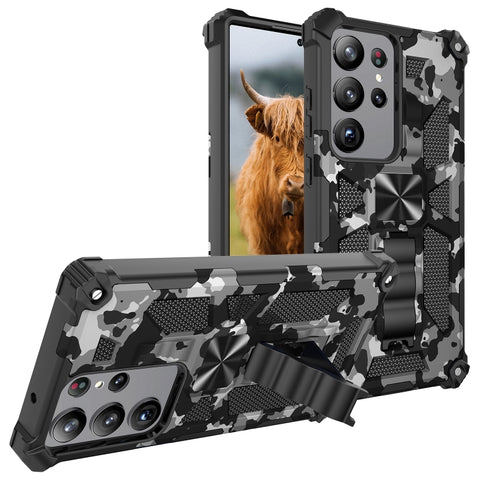 Camouflage Armor Kickstand TPU + PC Magnetic Phone Case, For Samsung Galaxy S23 Ultra 5G