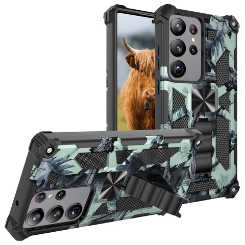 Camouflage Armor Kickstand TPU + PC Magnetic Phone Case, For Samsung Galaxy S23 Ultra 5G