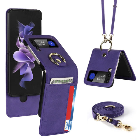 Cross Texture Lanyard Ring Phone Case, For Samsung Galaxy Z Flip4 5G