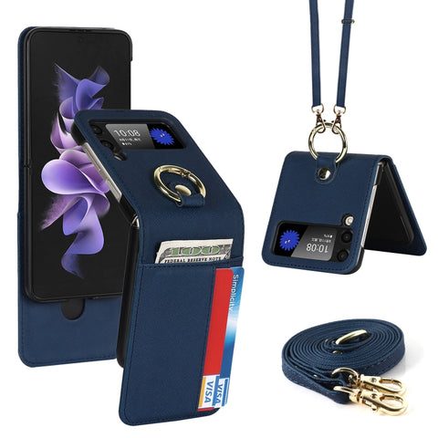 Cross Texture Lanyard Ring Phone Case, For Samsung Galaxy Z Flip4 5G