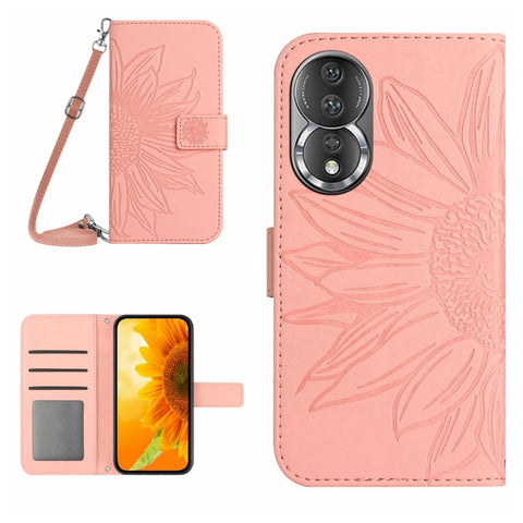 HT04 Skin Feel Sun Flower Embossed Flip Leather Phone Case with Lanyard, For Honor 80, For Honor 80 Pro, For Honor 80 SE, For Motorola Moto G Play 2023