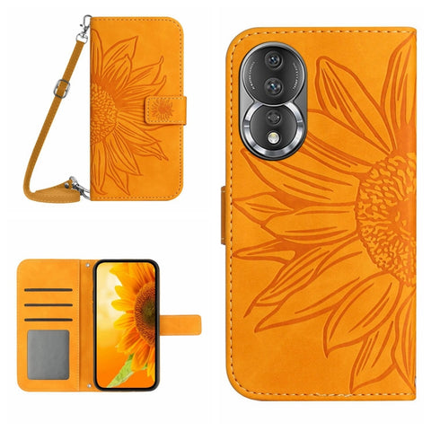 HT04 Skin Feel Sun Flower Embossed Flip Leather Phone Case with Lanyard, For Honor 80, For Honor 80 Pro, For Honor 80 SE, For Motorola Moto G Play 2023