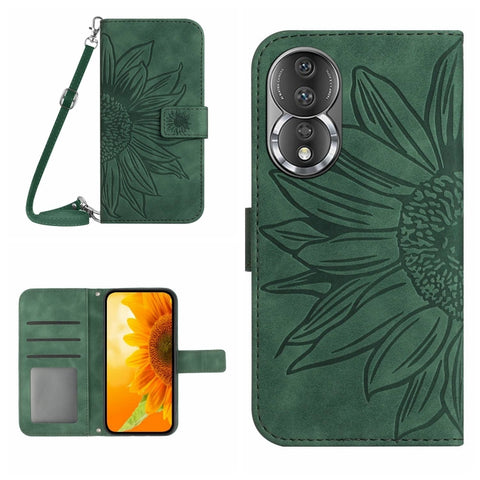 HT04 Skin Feel Sun Flower Embossed Flip Leather Phone Case with Lanyard, For Honor 80, For Honor 80 Pro, For Honor 80 SE, For Motorola Moto G Play 2023