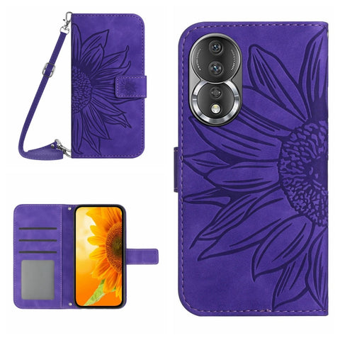 HT04 Skin Feel Sun Flower Embossed Flip Leather Phone Case with Lanyard, For Honor 80, For Honor 80 Pro, For Honor 80 SE, For Motorola Moto G Play 2023