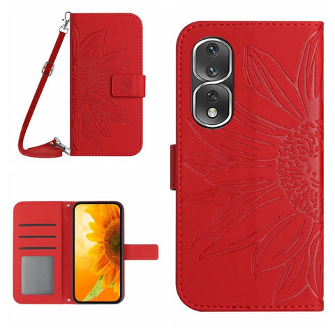 HT04 Skin Feel Sun Flower Embossed Flip Leather Phone Case with Lanyard, For Honor 80, For Honor 80 Pro, For Honor 80 SE, For Motorola Moto G Play 2023