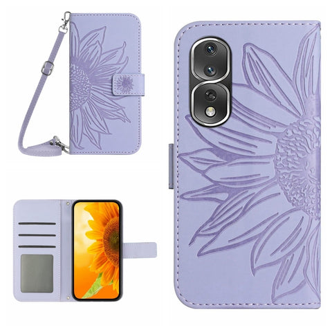 HT04 Skin Feel Sun Flower Embossed Flip Leather Phone Case with Lanyard, For Honor 80, For Honor 80 Pro, For Honor 80 SE, For Motorola Moto G Play 2023