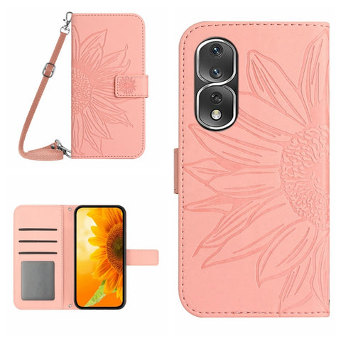 HT04 Skin Feel Sun Flower Embossed Flip Leather Phone Case with Lanyard, For Honor 80, For Honor 80 Pro, For Honor 80 SE, For Motorola Moto G Play 2023