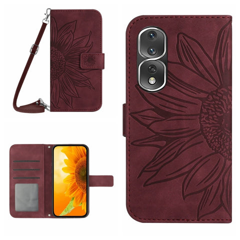 HT04 Skin Feel Sun Flower Embossed Flip Leather Phone Case with Lanyard, For Honor 80, For Honor 80 Pro, For Honor 80 SE, For Motorola Moto G Play 2023