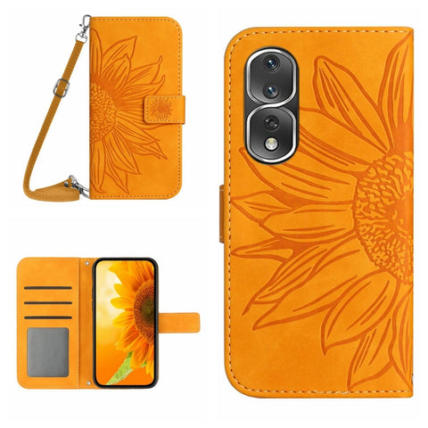 HT04 Skin Feel Sun Flower Embossed Flip Leather Phone Case with Lanyard, For Honor 80, For Honor 80 Pro, For Honor 80 SE, For Motorola Moto G Play 2023