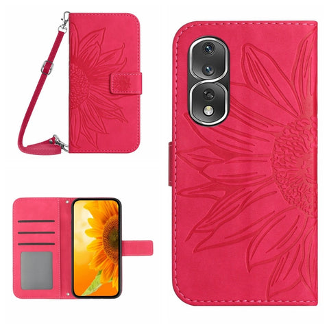 HT04 Skin Feel Sun Flower Embossed Flip Leather Phone Case with Lanyard, For Honor 80, For Honor 80 Pro, For Honor 80 SE, For Motorola Moto G Play 2023