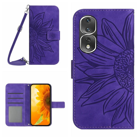 HT04 Skin Feel Sun Flower Embossed Flip Leather Phone Case with Lanyard, For Honor 80, For Honor 80 Pro, For Honor 80 SE, For Motorola Moto G Play 2023