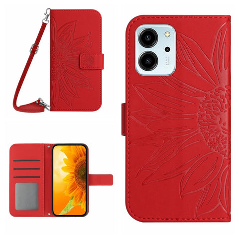 HT04 Skin Feel Sun Flower Embossed Flip Leather Phone Case with Lanyard, For Honor 80, For Honor 80 Pro, For Honor 80 SE, For Motorola Moto G Play 2023