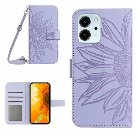 HT04 Skin Feel Sun Flower Embossed Flip Leather Phone Case with Lanyard, For Honor 80, For Honor 80 Pro, For Honor 80 SE, For Motorola Moto G Play 2023