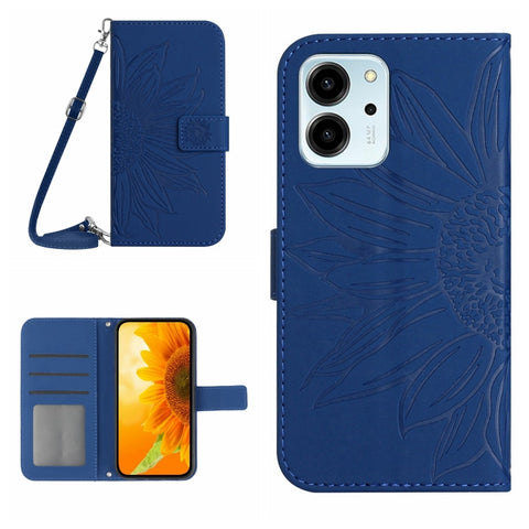 HT04 Skin Feel Sun Flower Embossed Flip Leather Phone Case with Lanyard, For Honor 80, For Honor 80 Pro, For Honor 80 SE, For Motorola Moto G Play 2023