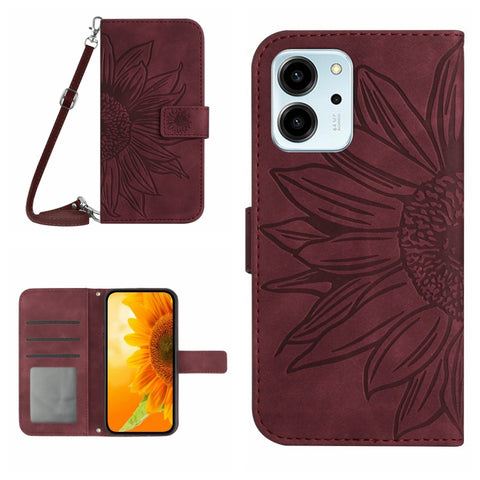 HT04 Skin Feel Sun Flower Embossed Flip Leather Phone Case with Lanyard, For Honor 80, For Honor 80 Pro, For Honor 80 SE, For Motorola Moto G Play 2023