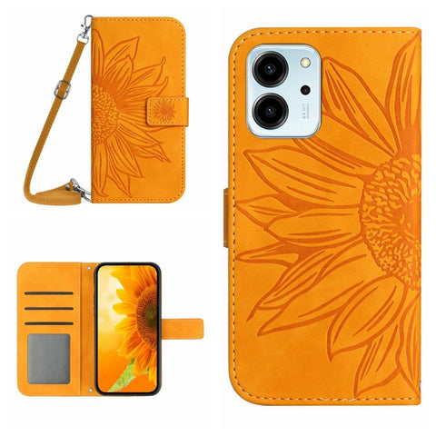 HT04 Skin Feel Sun Flower Embossed Flip Leather Phone Case with Lanyard, For Honor 80, For Honor 80 Pro, For Honor 80 SE, For Motorola Moto G Play 2023