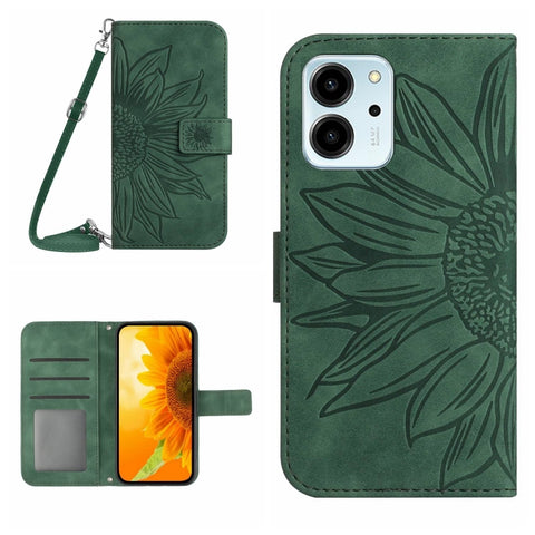 HT04 Skin Feel Sun Flower Embossed Flip Leather Phone Case with Lanyard, For Honor 80, For Honor 80 Pro, For Honor 80 SE, For Motorola Moto G Play 2023