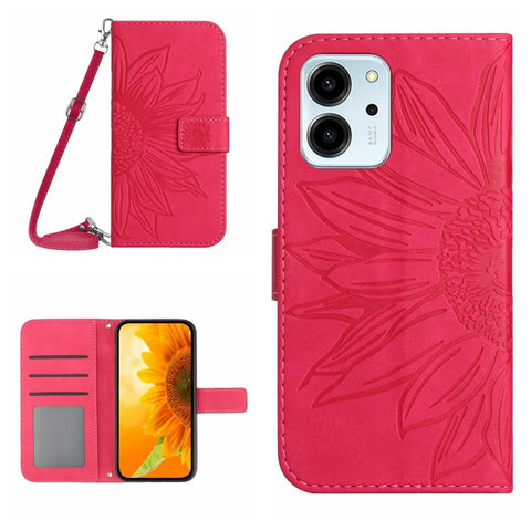 HT04 Skin Feel Sun Flower Embossed Flip Leather Phone Case with Lanyard, For Honor 80, For Honor 80 Pro, For Honor 80 SE, For Motorola Moto G Play 2023