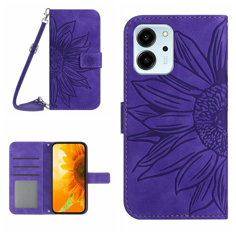 HT04 Skin Feel Sun Flower Embossed Flip Leather Phone Case with Lanyard, For Honor 80, For Honor 80 Pro, For Honor 80 SE, For Motorola Moto G Play 2023