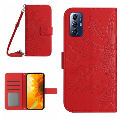 HT04 Skin Feel Sun Flower Embossed Flip Leather Phone Case with Lanyard, For Honor 80, For Honor 80 Pro, For Honor 80 SE, For Motorola Moto G Play 2023
