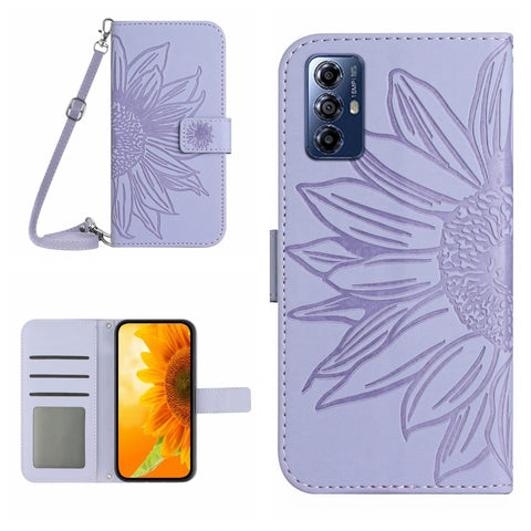 HT04 Skin Feel Sun Flower Embossed Flip Leather Phone Case with Lanyard, For Honor 80, For Honor 80 Pro, For Honor 80 SE, For Motorola Moto G Play 2023