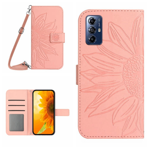 HT04 Skin Feel Sun Flower Embossed Flip Leather Phone Case with Lanyard, For Honor 80, For Honor 80 Pro, For Honor 80 SE, For Motorola Moto G Play 2023