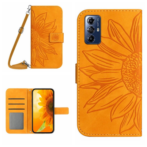 HT04 Skin Feel Sun Flower Embossed Flip Leather Phone Case with Lanyard, For Honor 80, For Honor 80 Pro, For Honor 80 SE, For Motorola Moto G Play 2023