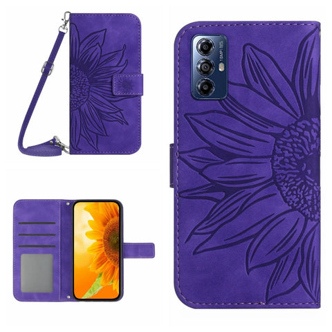HT04 Skin Feel Sun Flower Embossed Flip Leather Phone Case with Lanyard, For Honor 80, For Honor 80 Pro, For Honor 80 SE, For Motorola Moto G Play 2023
