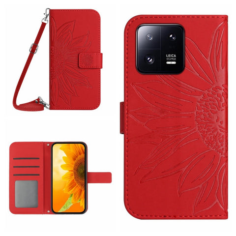 HT04 Skin Feel Sun Flower Embossed Flip Leather Phone Case with Lanyard, For Xiaomi 13, For Xiaomi 13 Pro