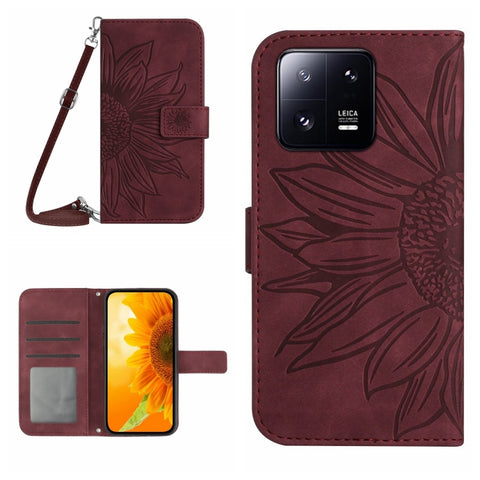 HT04 Skin Feel Sun Flower Embossed Flip Leather Phone Case with Lanyard, For Xiaomi 13, For Xiaomi 13 Pro