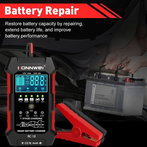 KONNWEI CR-10 2.4 inch Car Battery Charger Battery Pulse Repair Tool, EU Plug, US Plug, UK Plug