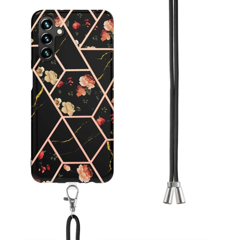 Electroplating Splicing Marble Flower IMD TPU Phone Case with Lanyard, For Samsung Galaxy A34 5G, For Samsung Galaxy A54 5G