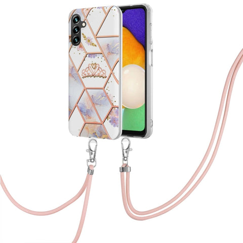 Electroplating Splicing Marble Flower IMD TPU Phone Case with Lanyard, For Samsung Galaxy A34 5G, For Samsung Galaxy A54 5G