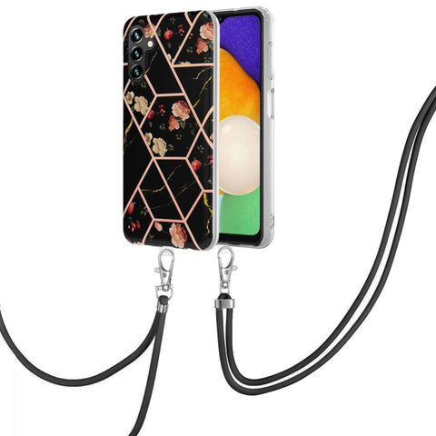 Electroplating Splicing Marble Flower IMD TPU Phone Case with Lanyard, For Samsung Galaxy A34 5G, For Samsung Galaxy A54 5G