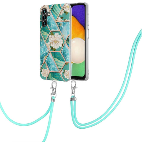 Electroplating Splicing Marble Flower IMD TPU Phone Case with Lanyard, For Samsung Galaxy A34 5G, For Samsung Galaxy A54 5G