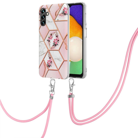 Electroplating Splicing Marble Flower IMD TPU Phone Case with Lanyard, For Samsung Galaxy A34 5G, For Samsung Galaxy A54 5G