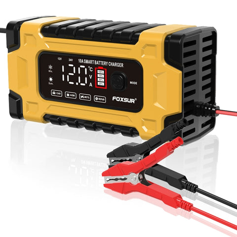 FOXSUR 12V / 24V / 10A Car / Motorcycle Battery Smart Repair Lead-acid Battery Charger, Yellow