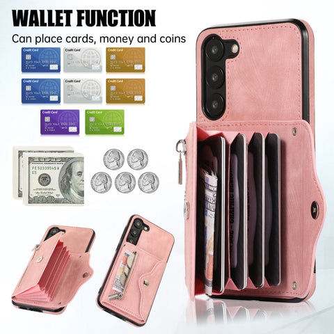 Zipper RFID Card Slots Phone Case with Short Lanyard, For Samsung Galaxy S21 Ultra 5G, For Samsung Galaxy S21 FE 5G