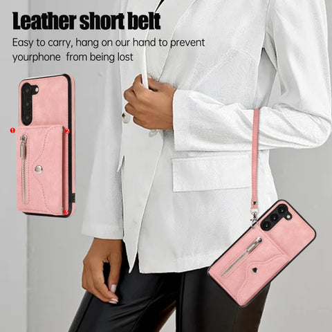 Zipper RFID Card Slots Phone Case with Short Lanyard, For Samsung Galaxy S21 Ultra 5G, For Samsung Galaxy S21 FE 5G