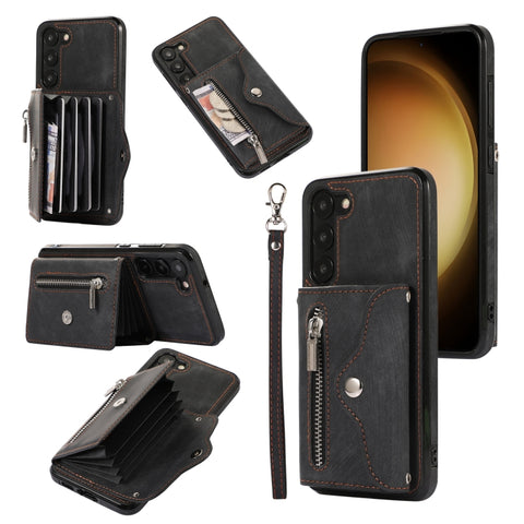 Zipper RFID Card Slots Phone Case with Short Lanyard, For Samsung Galaxy S21 Ultra 5G, For Samsung Galaxy S21 FE 5G