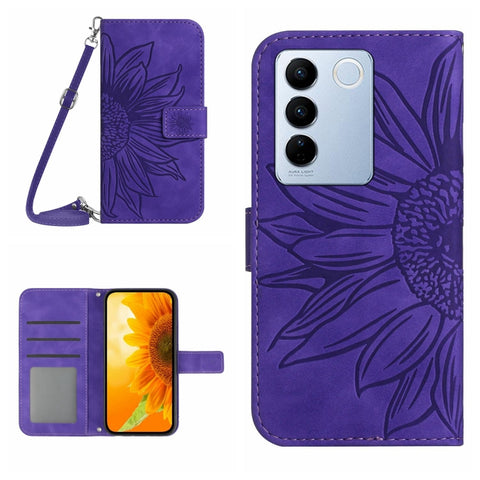 HT04 Skin Feel Sun Flower Embossed Flip Leather Phone Case with Lanyard, For vivo V27, For Samsung Galaxy F14 5G Global, For Xiaomi 13 Ultra