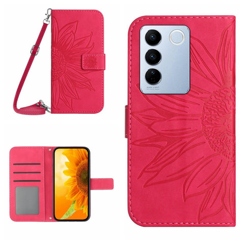 HT04 Skin Feel Sun Flower Embossed Flip Leather Phone Case with Lanyard, For vivo V27, For Samsung Galaxy F14 5G Global, For Xiaomi 13 Ultra