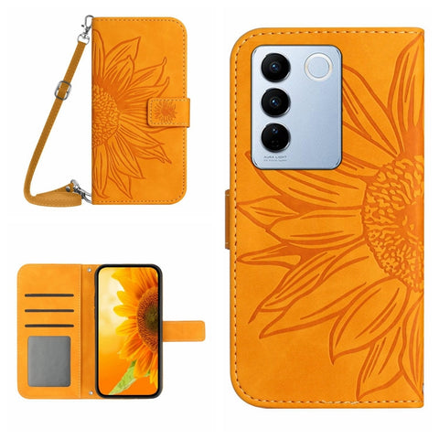 HT04 Skin Feel Sun Flower Embossed Flip Leather Phone Case with Lanyard, For vivo V27, For Samsung Galaxy F14 5G Global, For Xiaomi 13 Ultra