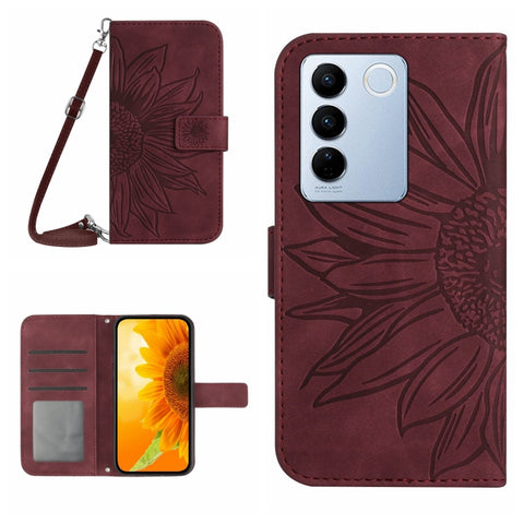 HT04 Skin Feel Sun Flower Embossed Flip Leather Phone Case with Lanyard, For vivo V27, For Samsung Galaxy F14 5G Global, For Xiaomi 13 Ultra